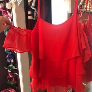 Off the shoulder red shirt
